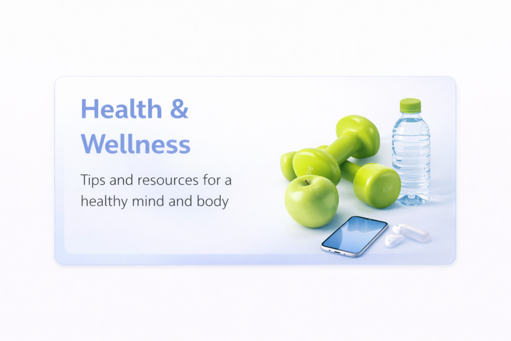 Health and wellness essentials including dumbbells, water bottle, apple and fitness tools