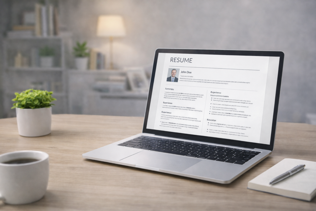 Laptop showing a resume on screen with a simple home workspace setup