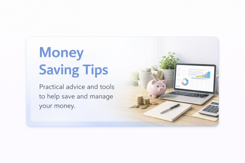 Money saving tips workspace with laptop, piggy bank, calculator and financial tools