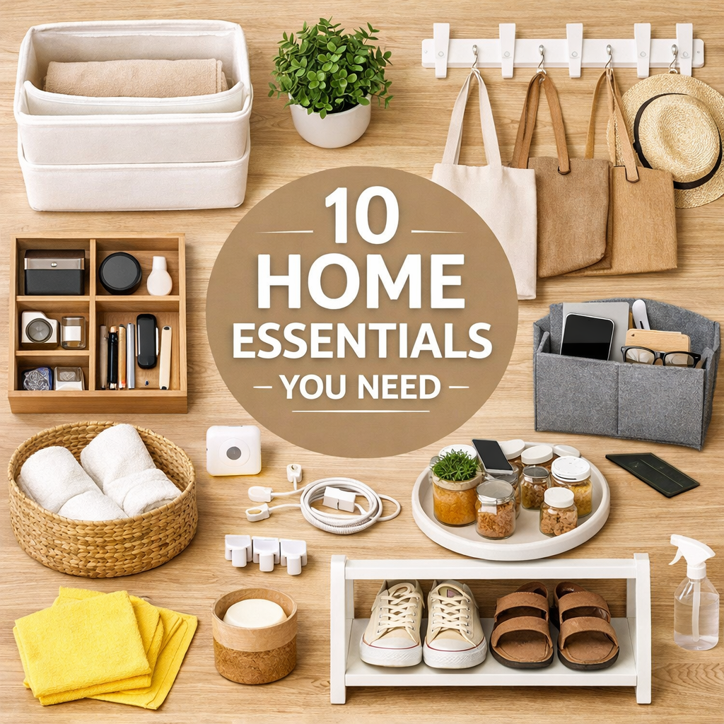 Flat lay of home essentials including storage bins, drawer organizers, towels, cable organizers, and everyday items arranged neatly on a wooden surface