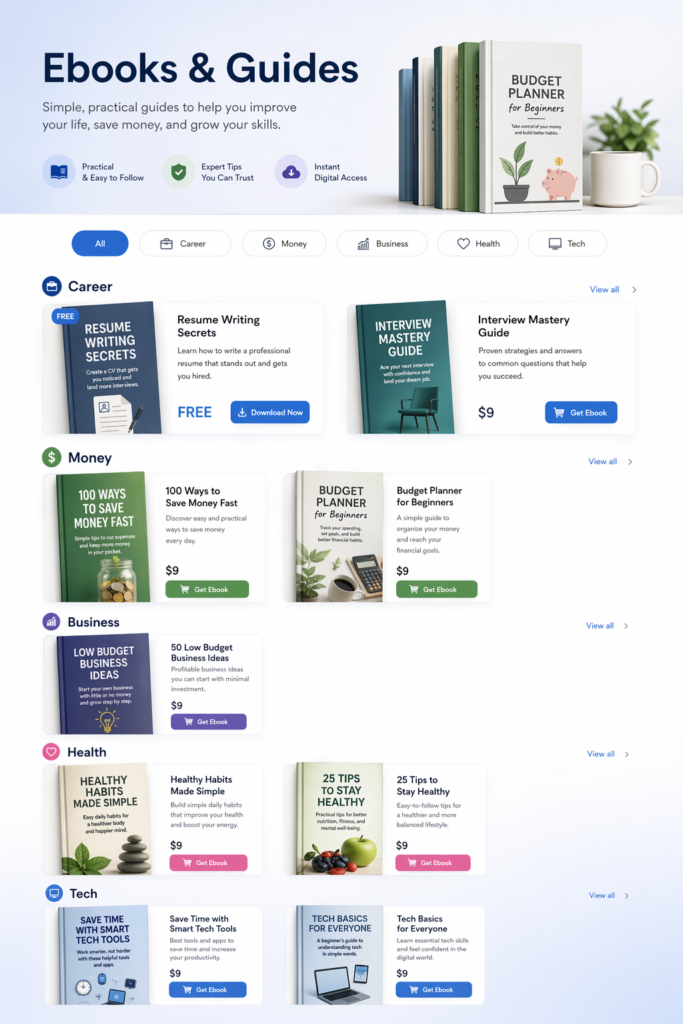 Collection of ebooks covering career, business, money, health, and technology topics