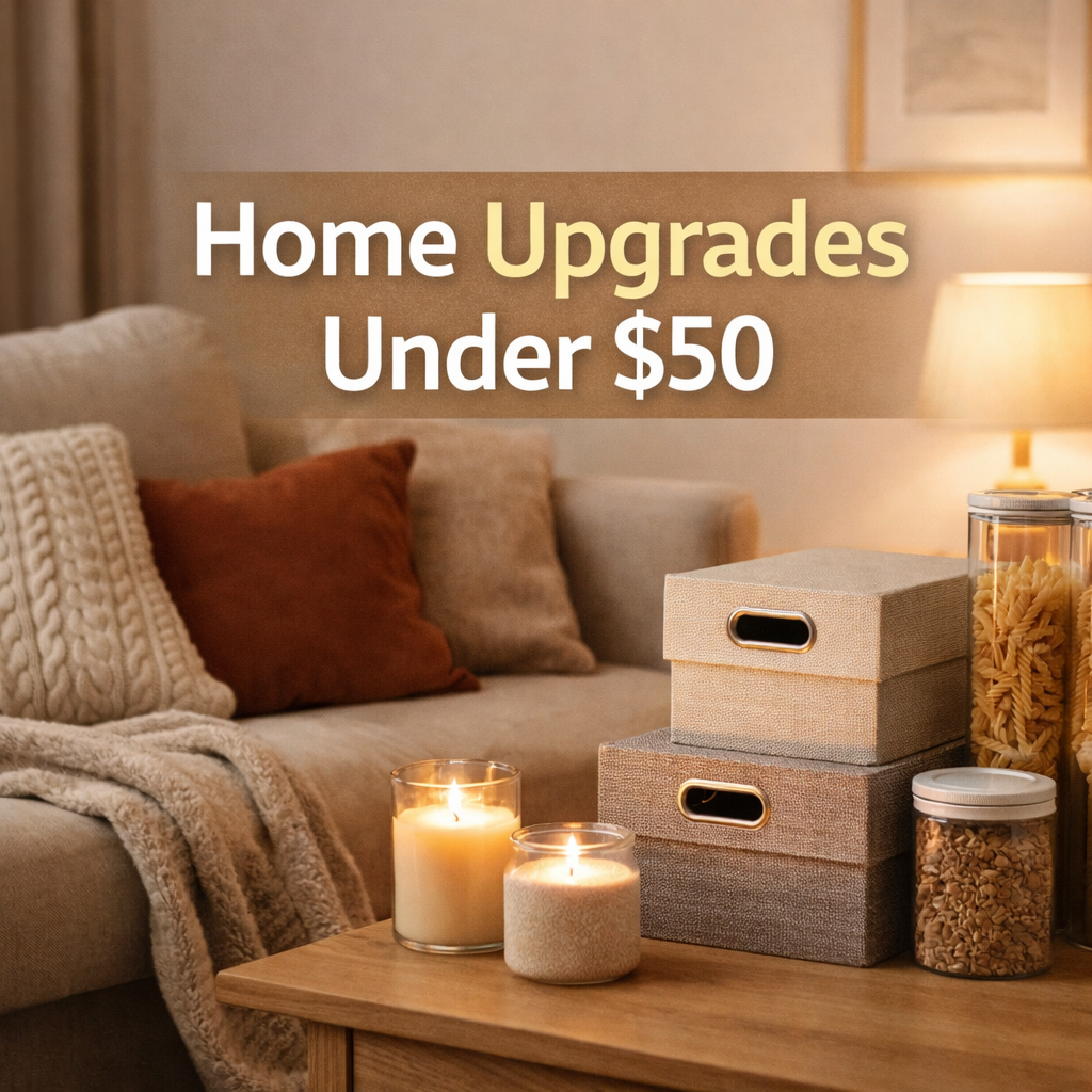 Cozy home setup with budget decor items like pillows, candles and storage boxes