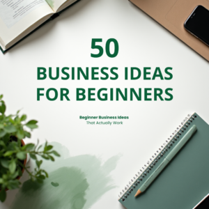 50 low budget business ideas for beginners with simple workspace setup and green aesthetic