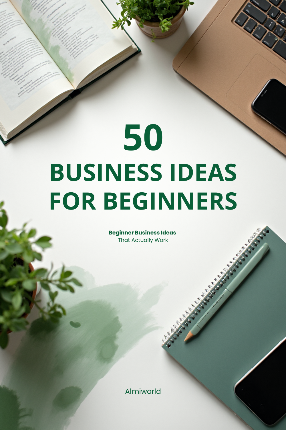 50 low budget business ideas for beginners with simple workspace setup and green aesthetic