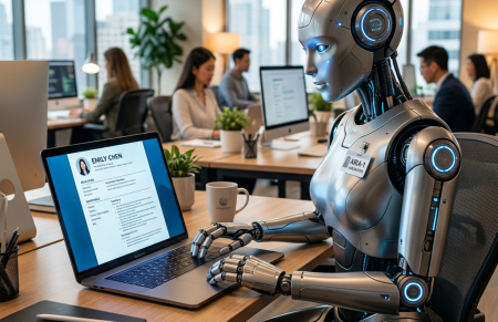 Humanoid robot named ARIA-1 working on laptop reviewing a resume in an office AI-proof