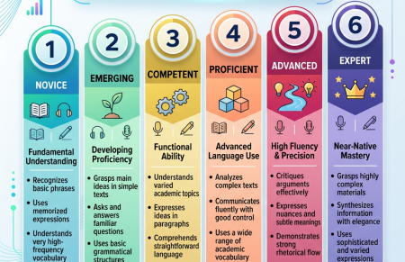 TOEFL 2026 new scoring scale with six proficiency levels from novice to expert