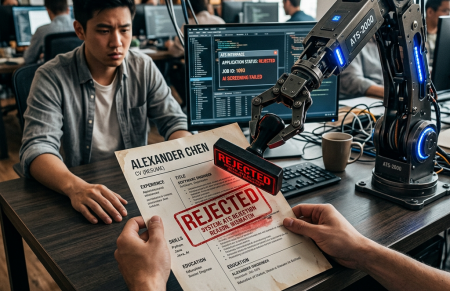 Robotic arm stamping 'REJECTED' on Alexander Chen's resume with a worried man in background
