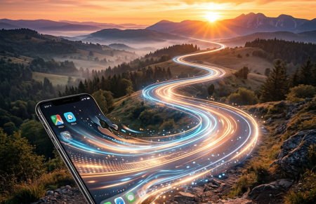 A smartphone with navigation apps morphing into a glowing winding road through a mountainous sunset landscape