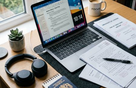 Laptop displaying exam prep notes, exam papers, headphones, a passport, and a coffee mug on a wooden desk.