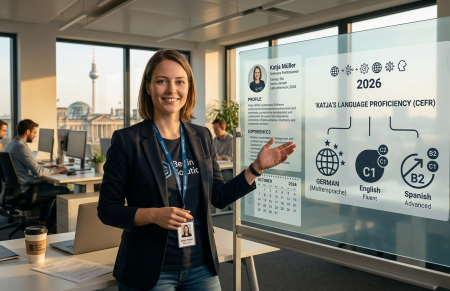Software professional presenting language proficiency levels in German, English, and Spanish in a modern office.