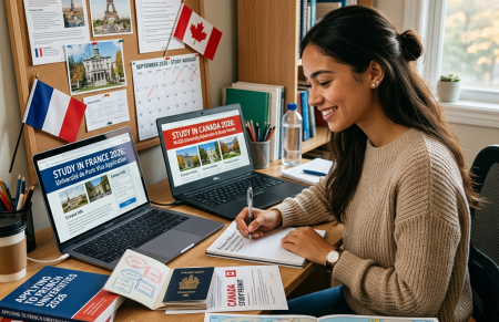 Student sitting at desk with laptops, passports, travel guides, and maps planning study abroad in France and Canada