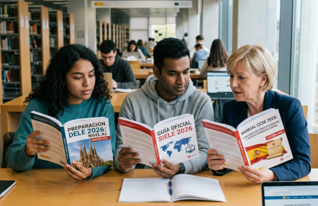 Three people reading Spanish language exam preparation books in a library.