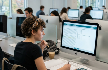 Student working on TOEFL practice questions on a computer with textbook and notes.