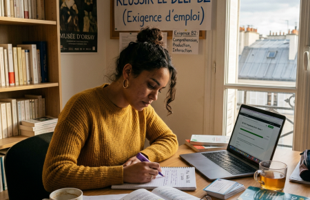 Person studying French DELF B2 exam preparation materials at a desk