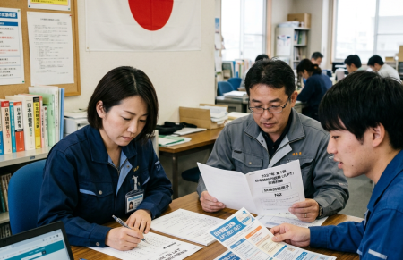 Three people in work uniforms studying JLPT N2 test materials at a table
