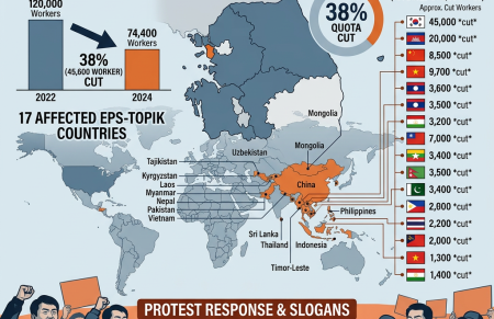 Map and chart illustrating a 38% cut in South Korea EPS-TOPIK worker quota affecting 17 countries with protest slogans.