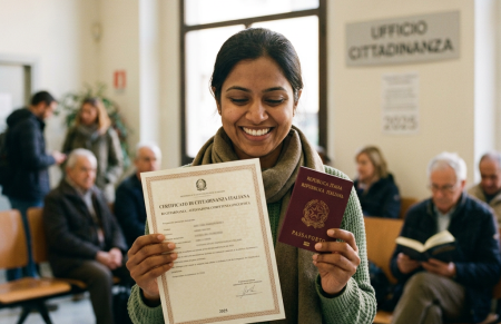 Woman holding Italian citizenship certificate and passport, standing in a municipal office waiting area