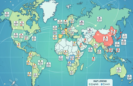 World map with icons representing language proficiency tests by region and language for 2026