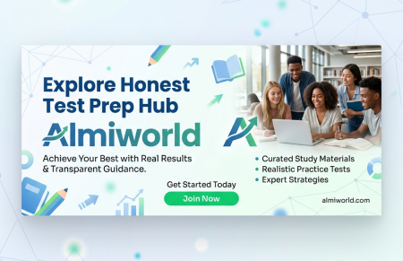 Banner promoting Almiworld test prep hub with students studying together