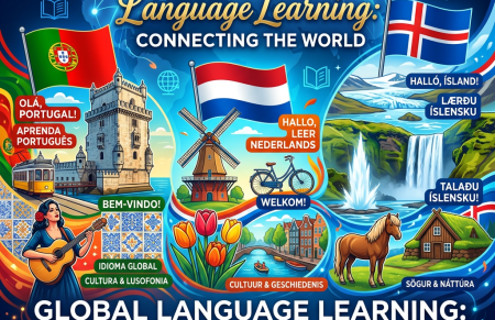 Portuguese, Dutch, and Icelandic language learning themes with flags, landmarks, and cultural symbols