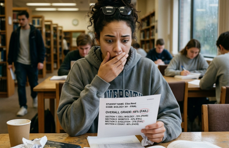 Student shocked by failing overall grade on exam paper in library