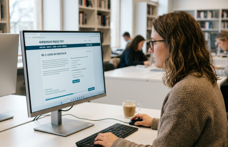 Student using computer to take Norskprøve Praxis online test in library