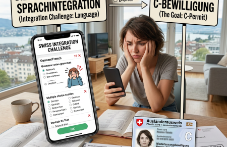 Woman studying language test on phone and textbooks for Swiss C-permit