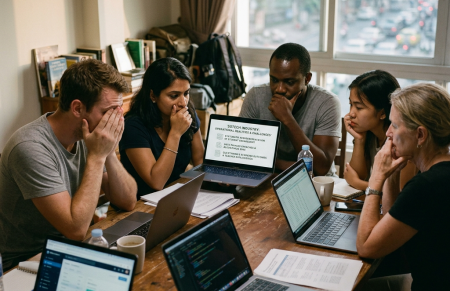 Five people in a meeting around a table looking intently at laptops and a screen with presentation text