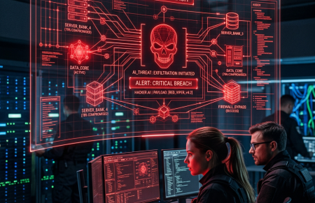 Two cybersecurity analysts working at computers with critical breach alert on holographic screen