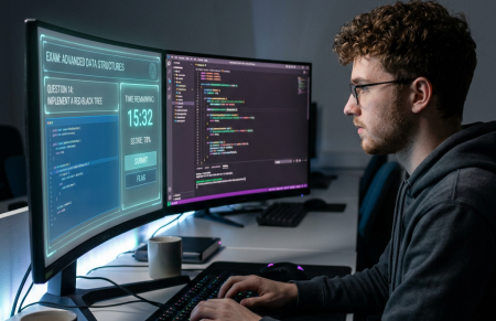 Young man typing on keyboard with dual monitors showing coding exam question and code editor