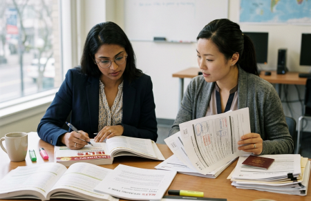 Two women sitting at a desk studying with open books and papers