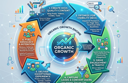 Marketing loop diagram showing six steps: create content, optimize for SEO, drive traffic, capture leads, deliver experience, fuel advocacy.