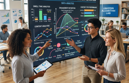 Three professionals discussing LinkedIn algorithm data with charts and graphs on a large screen