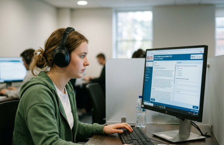 Student wearing headphones taking IELTS computer-based test at desk