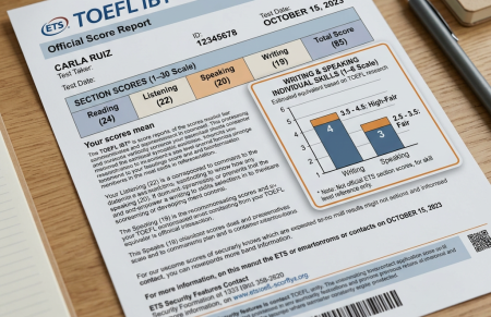 TOEFL iBT score report for Carla Ruiz with reading 24, listening 22, speaking 20, writing 19, total score 85.