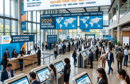 Occupational English Test venue booking kiosks with people selecting test locations and dates