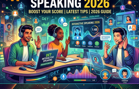 Three people using headsets and laptops for DET interactive speaking practice with digital assessment displays
