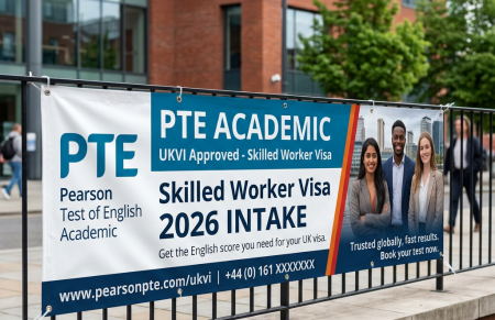 PTE Academic banner offering Skilled Worker Visa for 2026 intake with test booking details