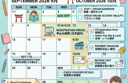Calendar showing JLPT December 2026 registration checklist with key dates and steps