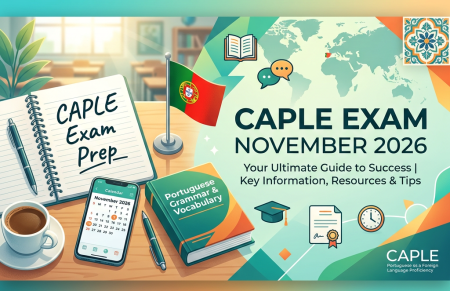 CAPLE exam preparation materials with notebook, calendar, Portuguese book, and Portuguese flag