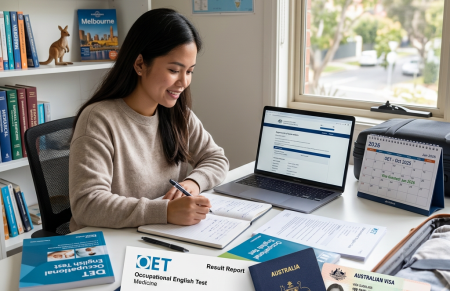 Woman studying Occupational English Test results and Australian visa documents at desk