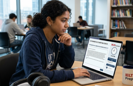 Student using an AI IELTS writing coach on a laptop