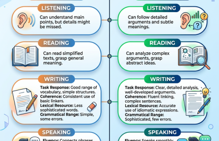 Infographic comparing IELTS Band 6 and Band 7 skills