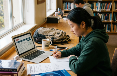 Student studying IELTS materials at a library table
