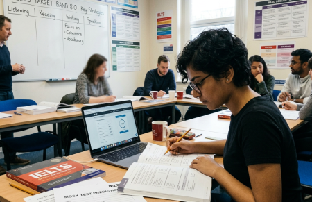 Students studying IELTS with books, worksheets, laptop, and band score targets