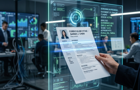 Hand holding Sarah J. Chen’s curriculum vitae beside an AI screening dashboard