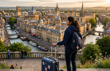 Traveler with luggage overlooking Oxford’s historic buildings and waterways