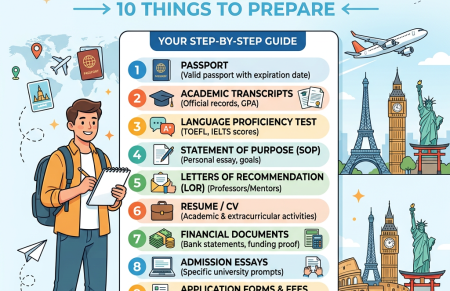 Study abroad application checklist listing ten preparation steps, from passport to deadline tracking