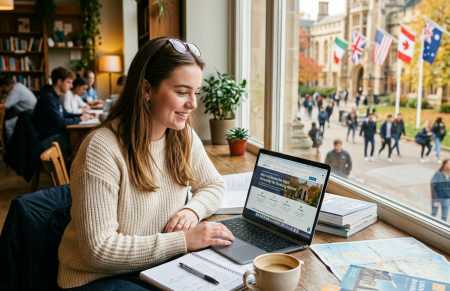 Student studying at a café overlooking university buildings and international flags
