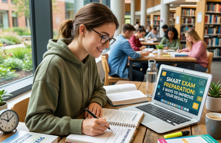 Student studying with notes beside laptop reading Smart Exam Preparation